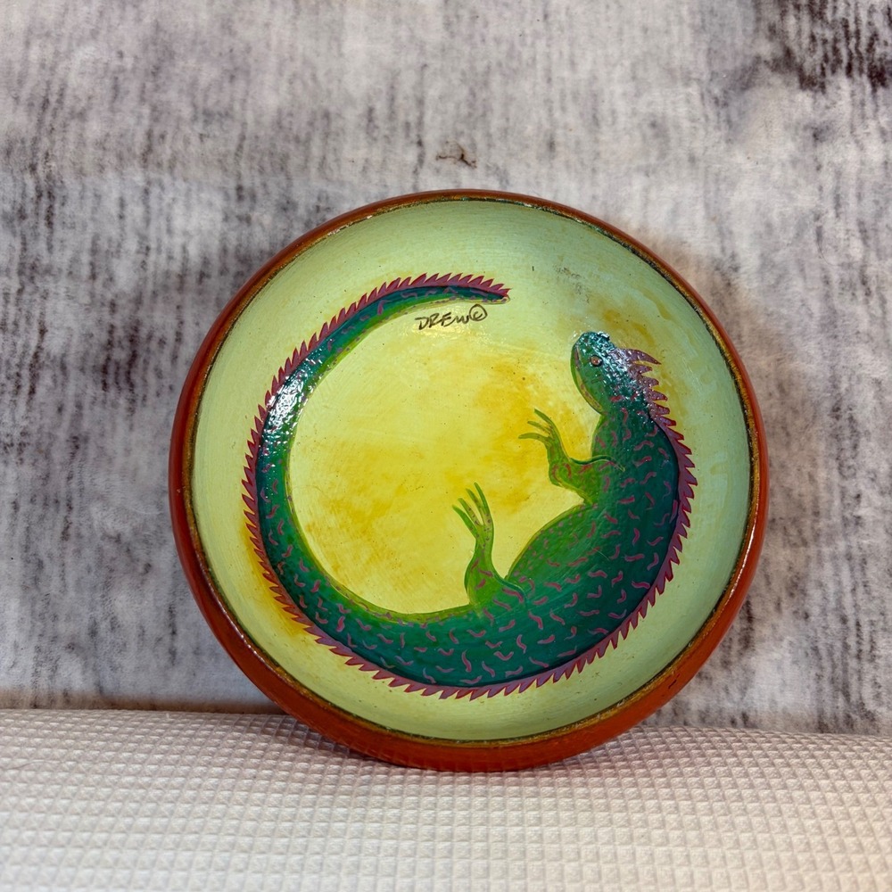 Drew Hand Painted Wooden Iguana Lizard Bowl Folk Art Tropical Decor 6 Inch